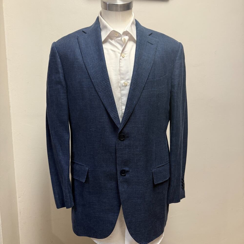 Ermenegildo Zegna Sport Coat Men 36 Blue Windowpane Milano Easy Wool Silk Linen